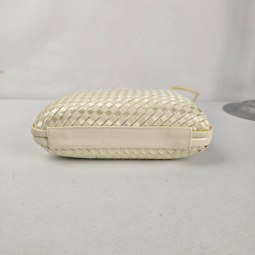 Vintage Cream Woven Hard Clutch Purse with Braided Strap