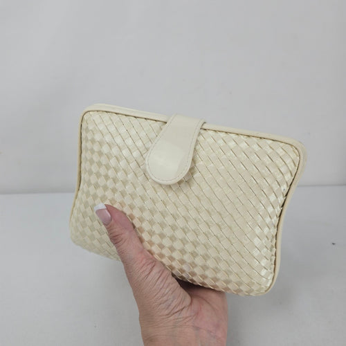 Vintage Cream Woven Hard Clutch Purse with Braided Strap