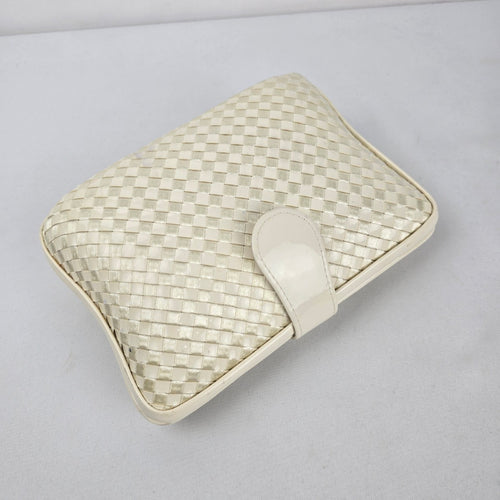 Vintage Cream Woven Hard Clutch Purse with Braided Strap