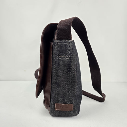 Fossil Gray Denim & Brown Leather Trim Messenger Crossbody Bag