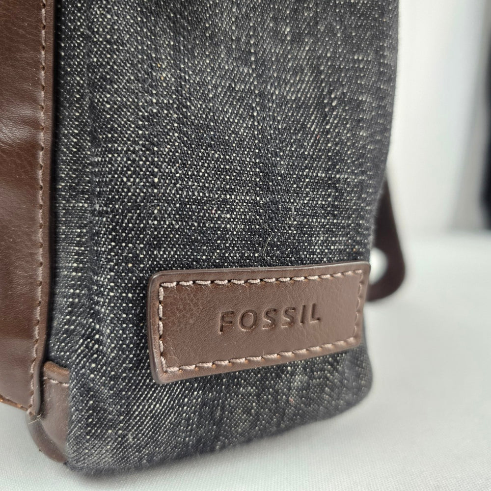 Fossil Gray Denim & Brown Leather Trim Messenger Crossbody Bag