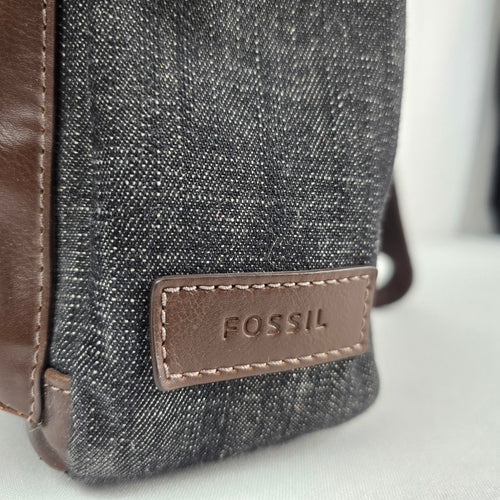 Fossil Gray Denim & Brown Leather Trim Messenger Crossbody Bag