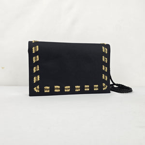 Vintage Black Satin Evening Bag with Gold Embroidery & Mirror
