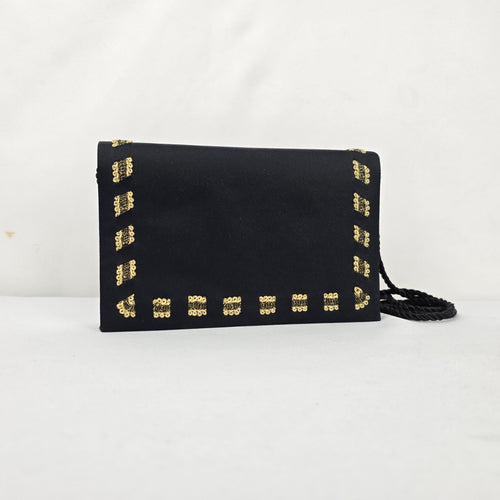 Vintage Black Satin Evening Bag with Gold Embroidery & Mirror