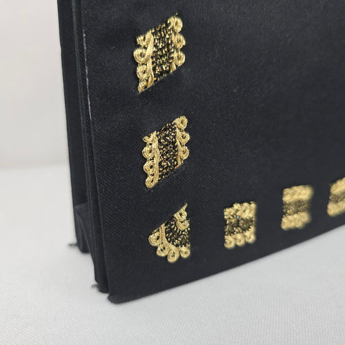 Vintage Black Satin Evening Bag with Gold Embroidery & Mirror