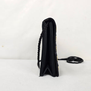 Vintage Black Satin Evening Bag with Gold Embroidery & Mirror