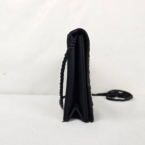 Vintage Black Satin Evening Bag with Gold Embroidery & Mirror