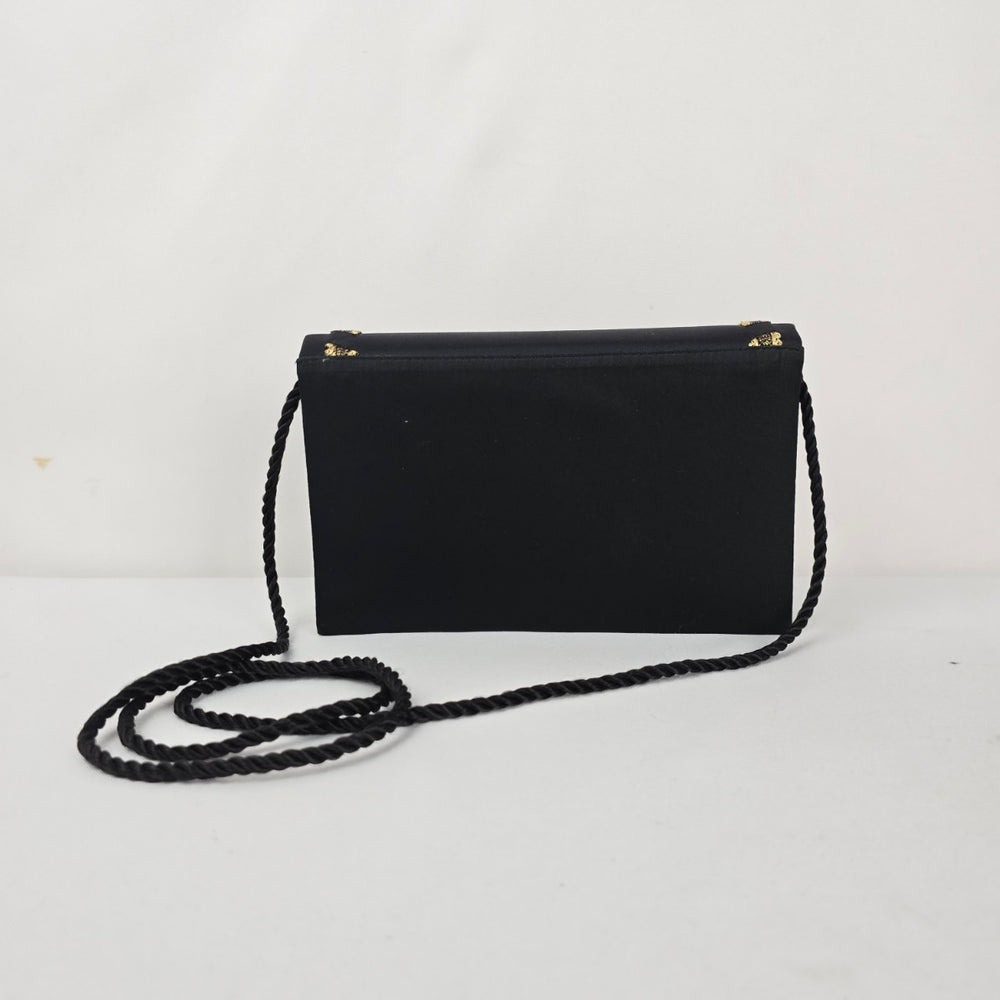 Vintage Black Satin Evening Bag with Gold Embroidery & Mirror