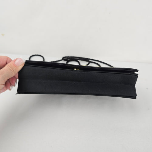 Vintage Black Satin Evening Bag with Gold Embroidery & Mirror