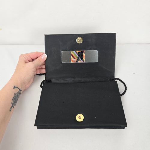 Vintage Black Satin Evening Bag with Gold Embroidery & Mirror