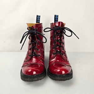 John Fluevog Tardy Slacker Burgundy Patent Leather Ankle Boots Size 8.5