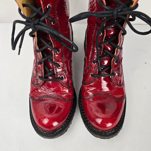 John Fluevog Tardy Slacker Burgundy Patent Leather Ankle Boots Size 8.5