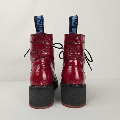 John Fluevog Tardy Slacker Burgundy Patent Leather Ankle Boots Size 8.5