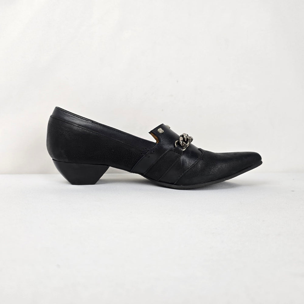 John Fluevog Beatrix Truth Black Leather Chain Pump Loafers Size 8