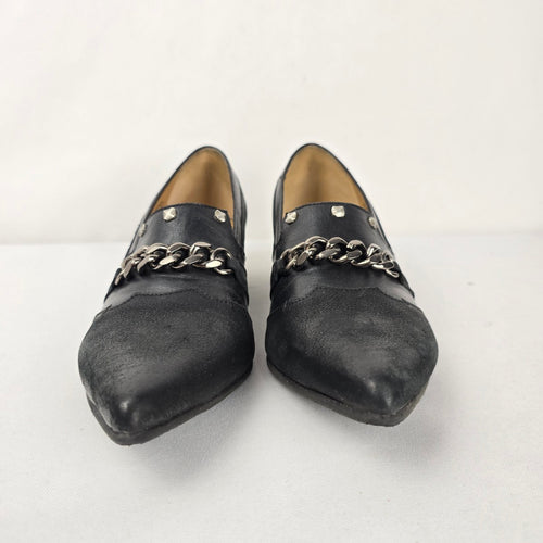 John Fluevog Beatrix Truth Black Leather Chain Pump Loafers Size 8