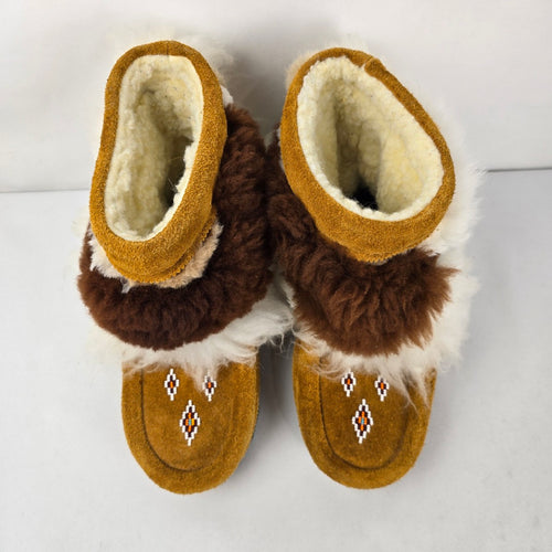 Vintage Handmade Beaded Suede Fur Trim Mukluk Moccasin Boots Size 8/9
