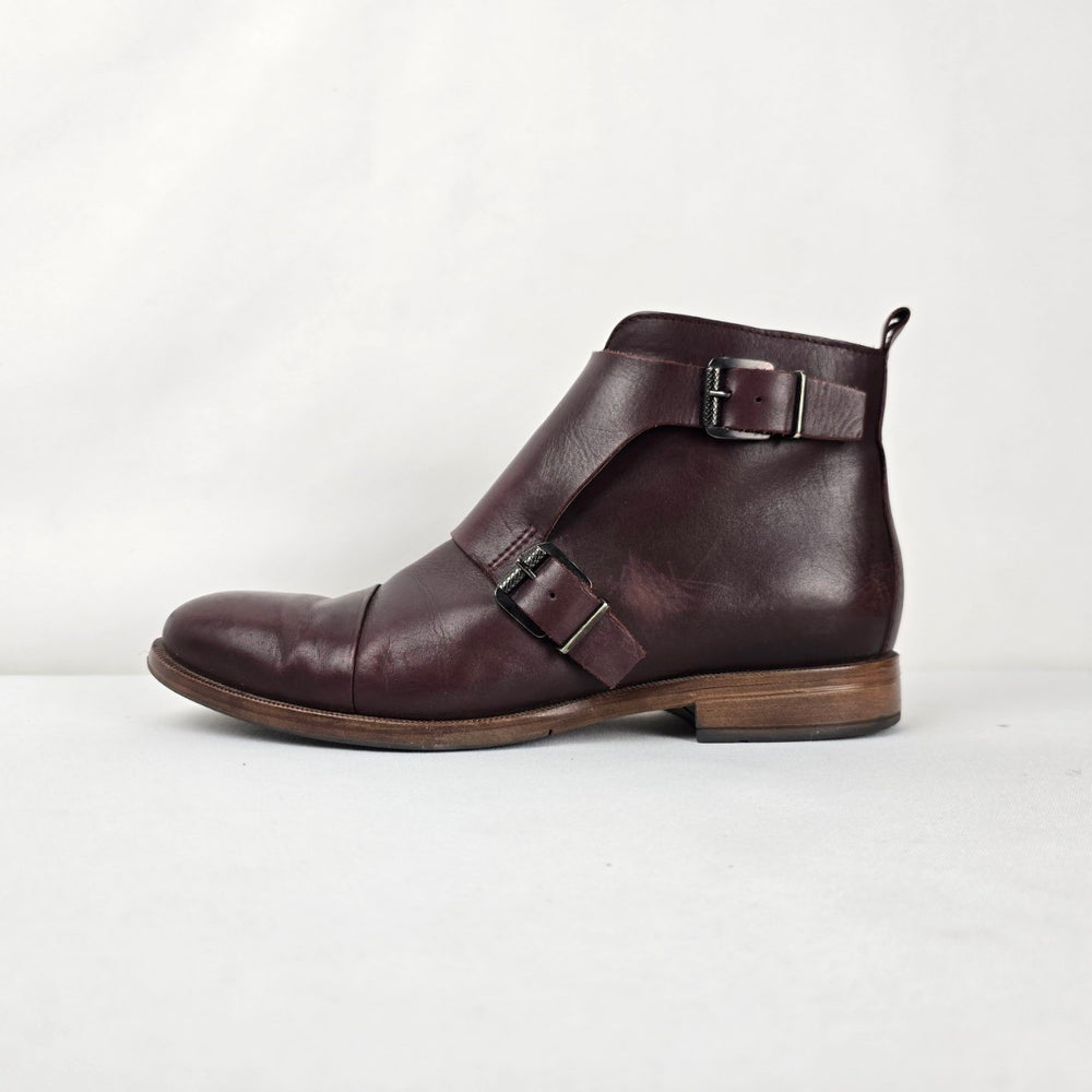 Ateliers Burgundy Leather Monk Strap Ankle Boots - Size 8.5
