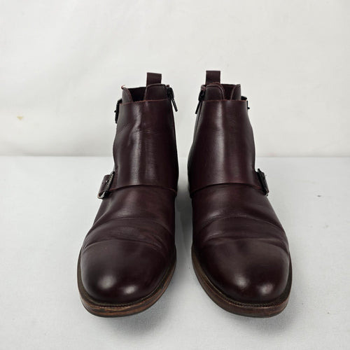 Ateliers Burgundy Leather Monk Strap Ankle Boots - Size 8.5