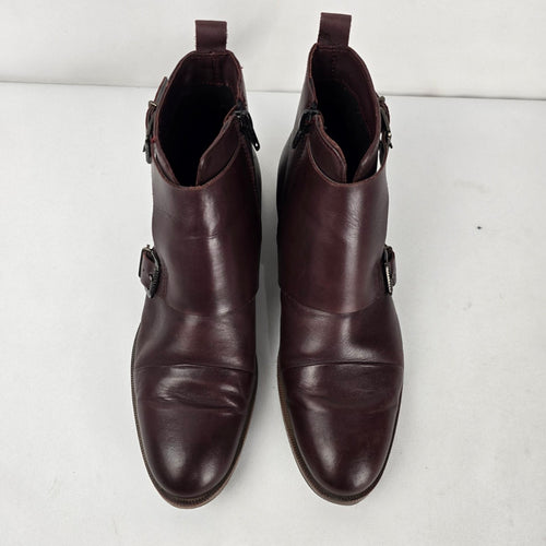 Ateliers Burgundy Leather Monk Strap Ankle Boots - Size 8.5