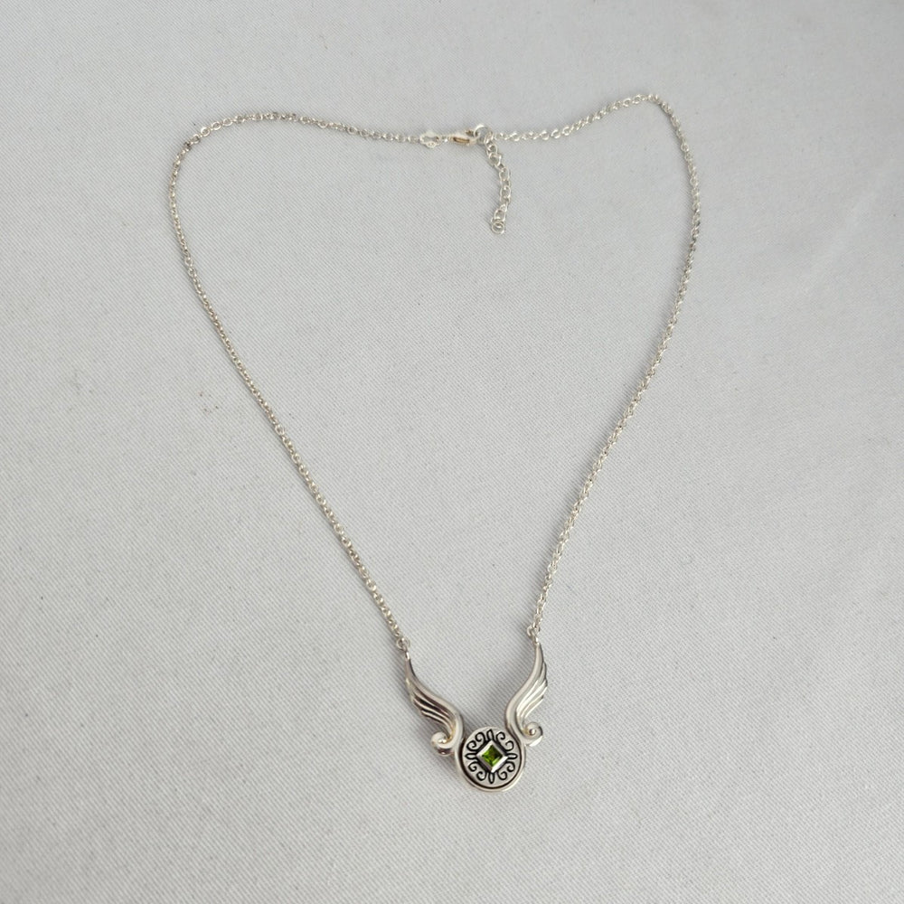 Kameleon Sterling Silver Winged Pendant Necklace with Green Stone
