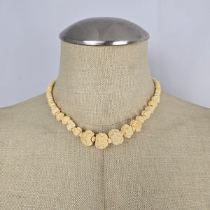 Vintage Carved Ox Bone Graduated Bead Necklace Cream White Statement