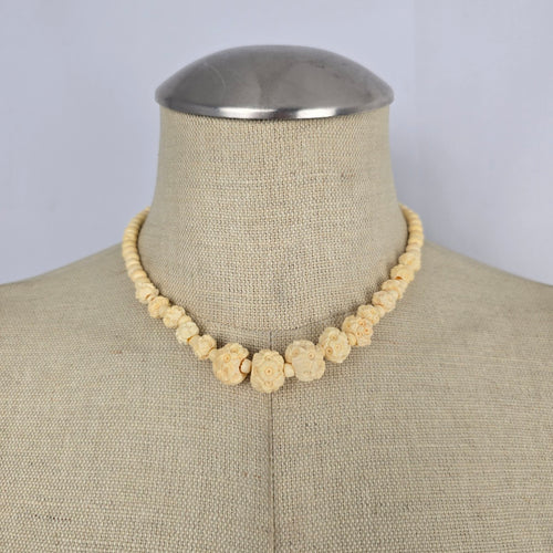 Vintage Carved Ox Bone Graduated Bead Necklace Cream White Statement