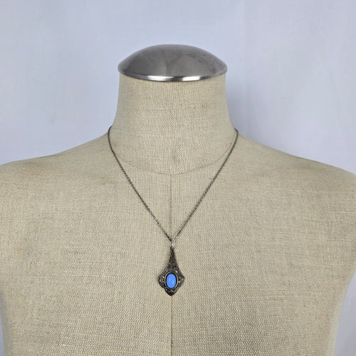 Vintage Silver Tone Art Deco Pendant Necklace with Blue Cabochon