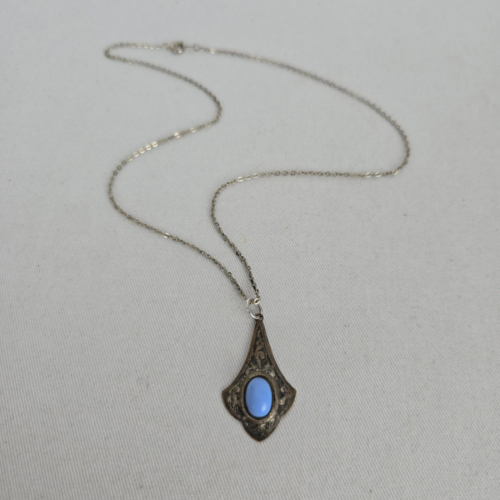 Vintage Silver Tone Art Deco Pendant Necklace with Blue Cabochon