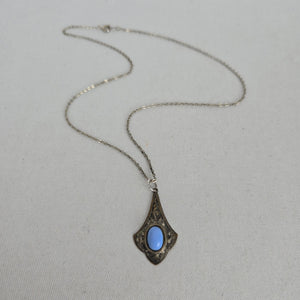 Vintage Silver Tone Art Deco Pendant Necklace with Blue Cabochon