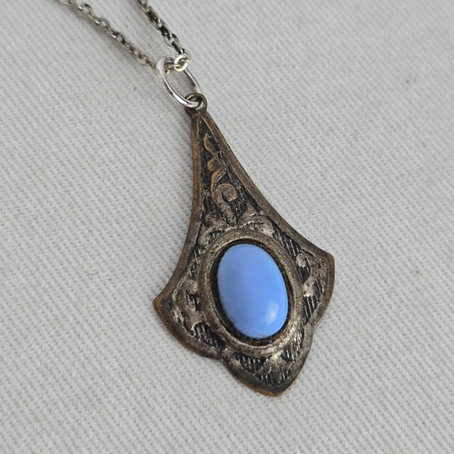 Vintage Silver Tone Art Deco Pendant Necklace with Blue Cabochon