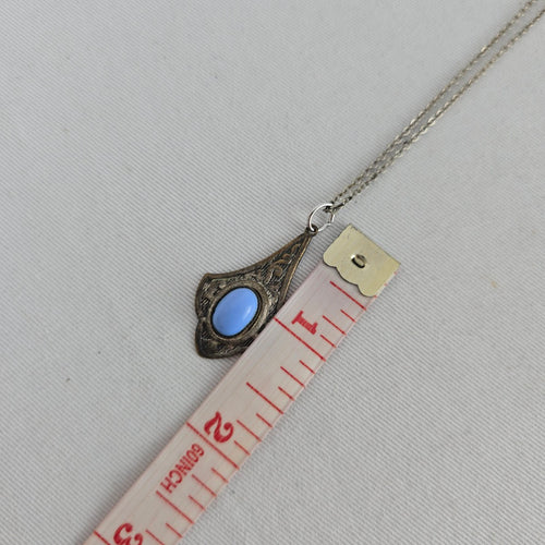 Vintage Silver Tone Art Deco Pendant Necklace with Blue Cabochon