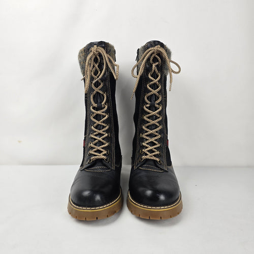 Remonte Black Leather Suede Lace-Up Winter Boots Women’s Size 8