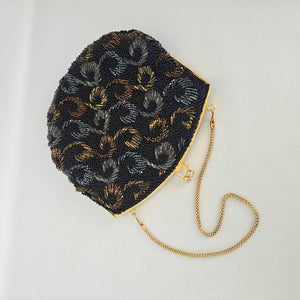 Vintage Black Beaded Evening Bag Floral Metallic Gold Chain Kiss Lock Purse