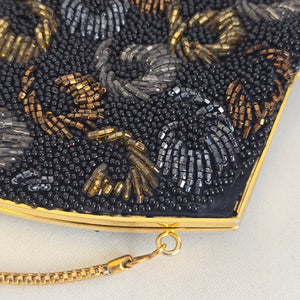Vintage Black Beaded Evening Bag Floral Metallic Gold Chain Kiss Lock Purse