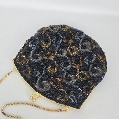 Vintage Black Beaded Evening Bag Floral Metallic Gold Chain Kiss Lock Purse