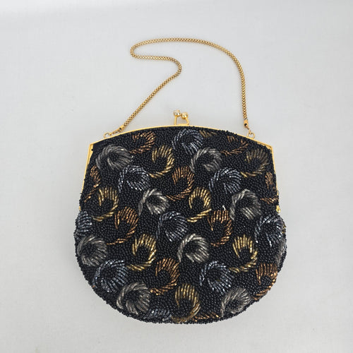 Vintage Black Beaded Evening Bag Floral Metallic Gold Chain Kiss Lock Purse