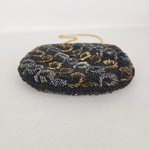 Vintage Black Beaded Evening Bag Floral Metallic Gold Chain Kiss Lock Purse