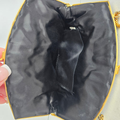 Vintage Black Beaded Evening Bag Floral Metallic Gold Chain Kiss Lock Purse