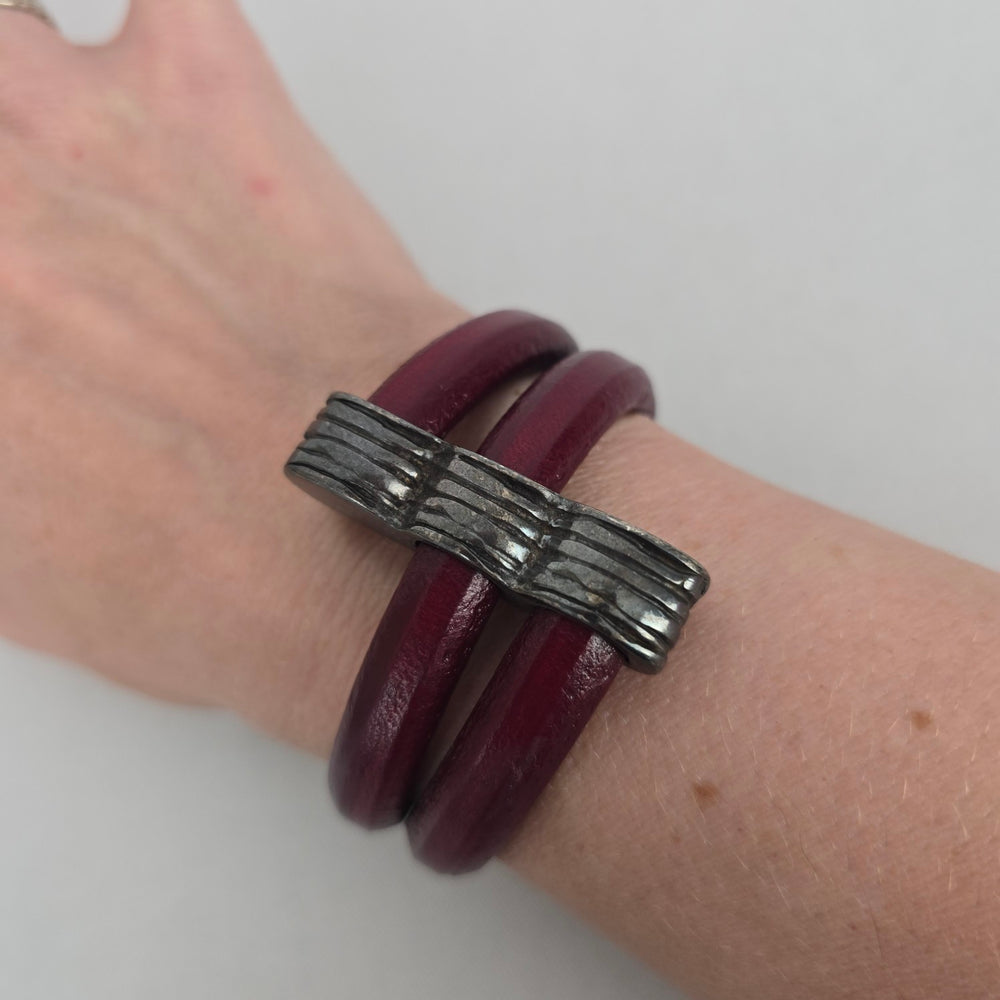 Burgundy Double-Strand Leather Bracelet Antiqued Silver-Tone Textured Clasp