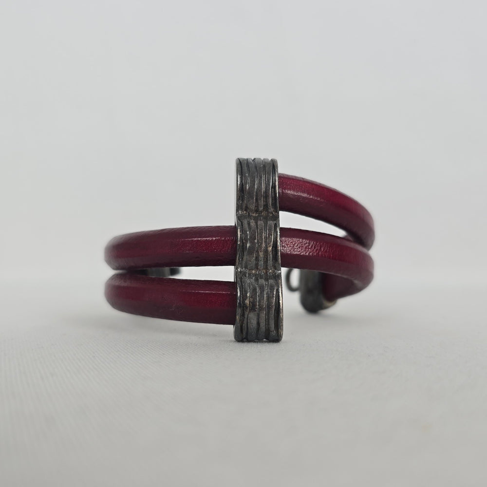 Burgundy Double-Strand Leather Bracelet Antiqued Silver-Tone Textured Clasp