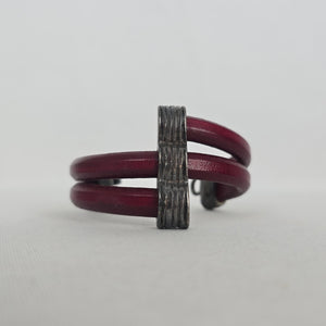 Burgundy Double-Strand Leather Bracelet Antiqued Silver-Tone Textured Clasp