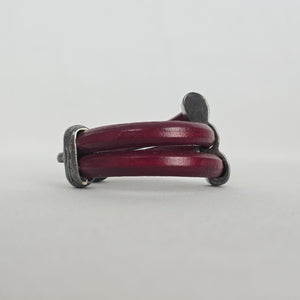 Burgundy Double-Strand Leather Bracelet Antiqued Silver-Tone Textured Clasp