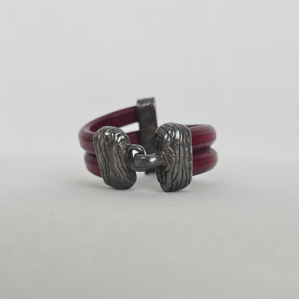 Burgundy Double-Strand Leather Bracelet Antiqued Silver-Tone Textured Clasp