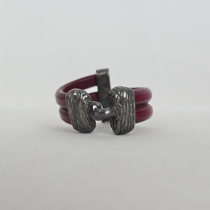 Burgundy Double-Strand Leather Bracelet Antiqued Silver-Tone Textured Clasp
