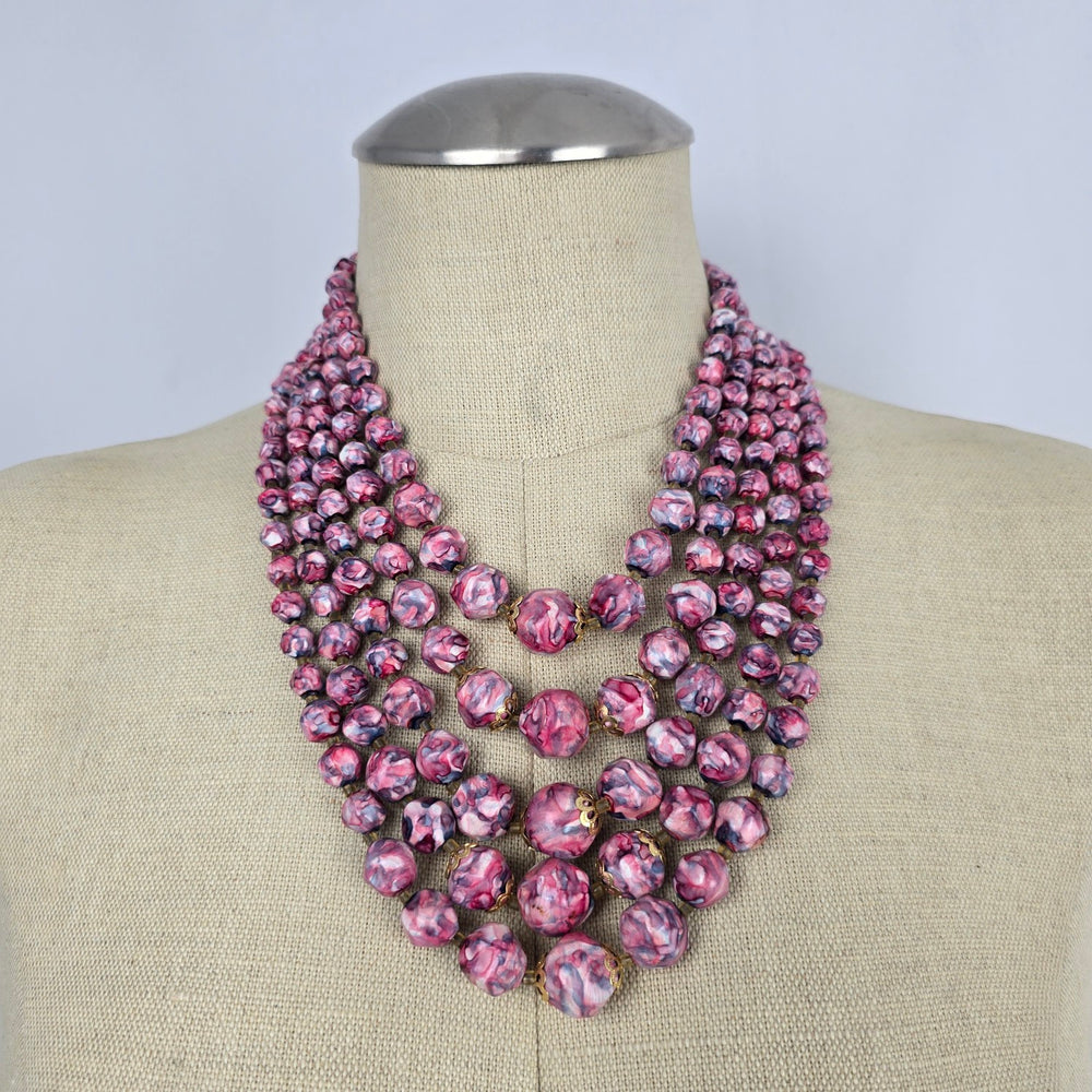 Vintage Pink Marbled Multi-Strand Beaded Statement Necklace