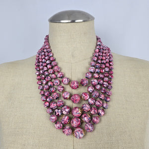 Vintage Pink Marbled Multi-Strand Beaded Statement Necklace