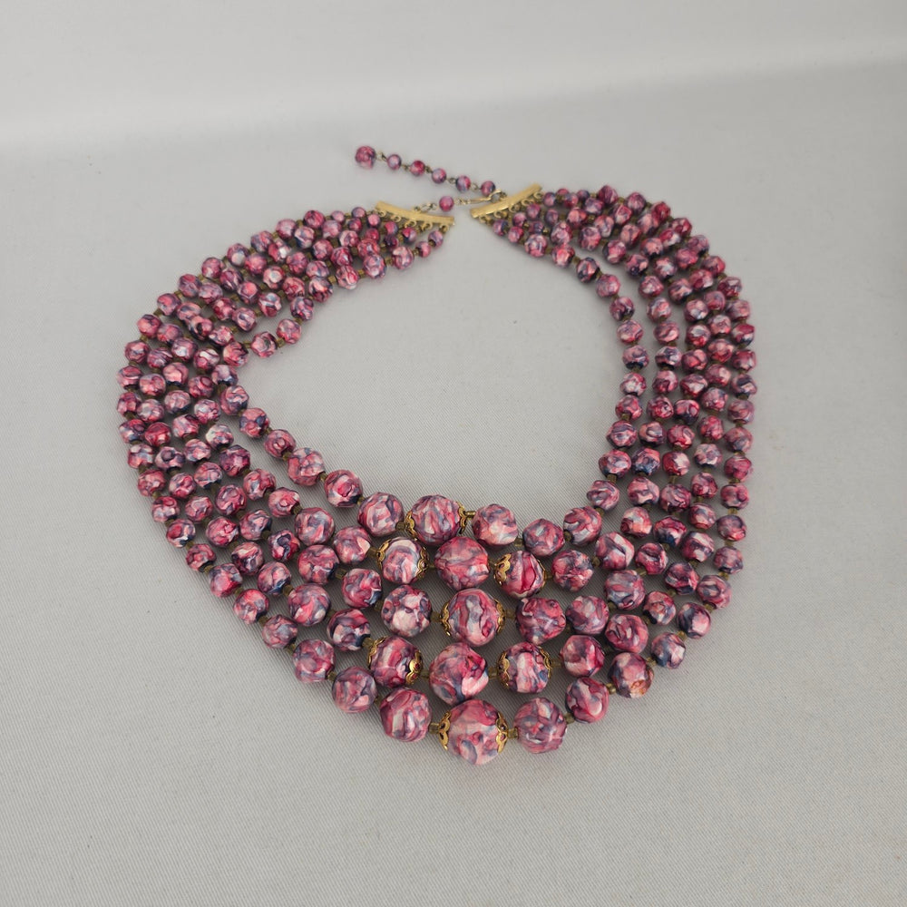 Vintage Pink Marbled Multi-Strand Beaded Statement Necklace