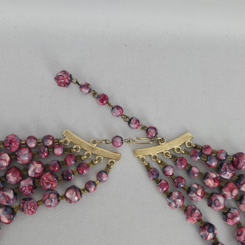 Vintage Pink Marbled Multi-Strand Beaded Statement Necklace