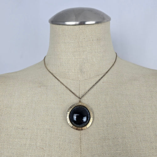 Vintage Gold-Tone Black Faceted Cabochon Pendant Necklace Round Statement Jewelry