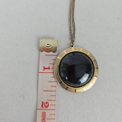Vintage Gold-Tone Black Faceted Cabochon Pendant Necklace Round Statement Jewelry